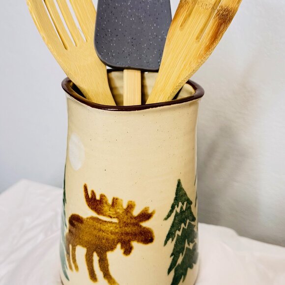 Polly Pottery Boulder CO Stoneware Crock/Utensil Holder Moose - Picture 3 of 5